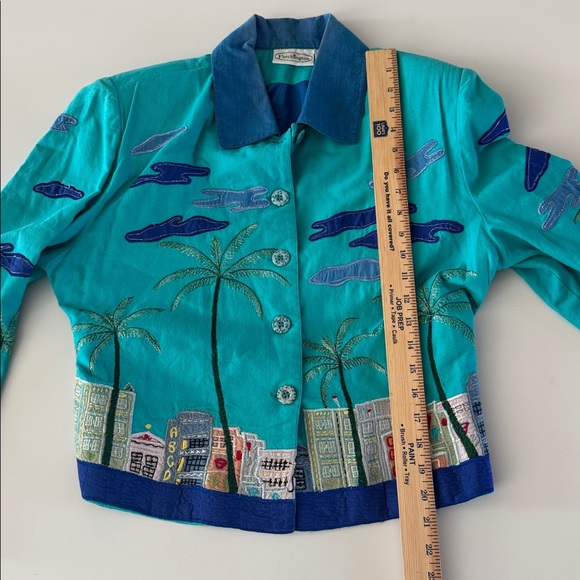 Vintage Patchington Palm Tree Blazer Womens Small Cityscape Jacket Y2K Cotton - Picture 11 of 13